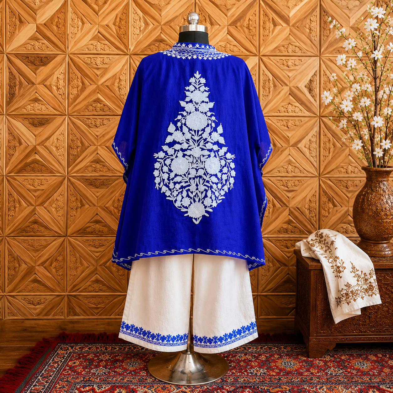 Blue Crush Kashmiri Kaftan Set for Women | Machine Embroidered with Matching Bottom
