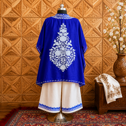 Blue Crush Kashmiri Kaftan Set for Women | Machine Embroidered with Matching Bottom