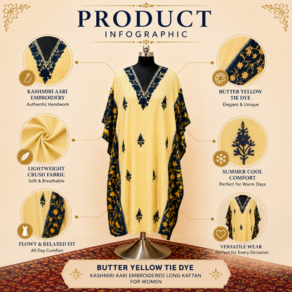 Butter Yellow Tie Dye Kashmiri Long Kaftan for Women | Machine Embroidered