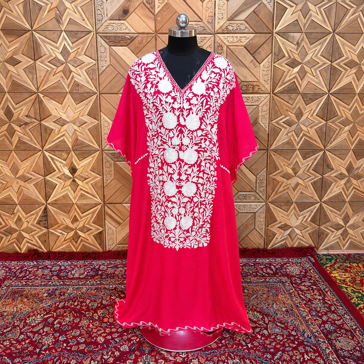 Crimson Red Crush Kashmiri Long Kaftan for Women | Machine Embroidered
