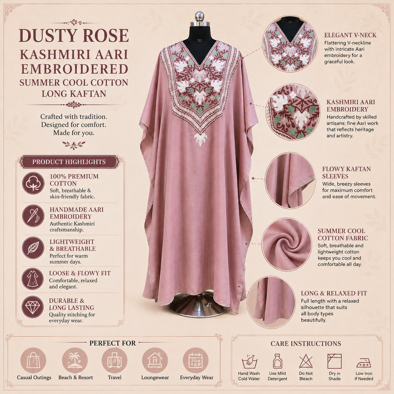 Dusty Rose Kashmiri Long Kaftan for Women | Machine Embroidered Summer Cool Cotton