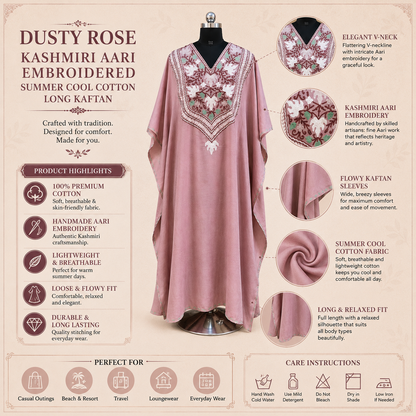 Dusty Rose Kashmiri Long Kaftan for Women | Machine Embroidered Summer Cool Cotton