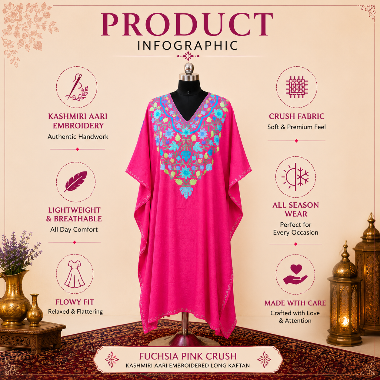 Fuchsia Pink Crush Kashmiri Long Kaftan for Women | Machine Embroidered
