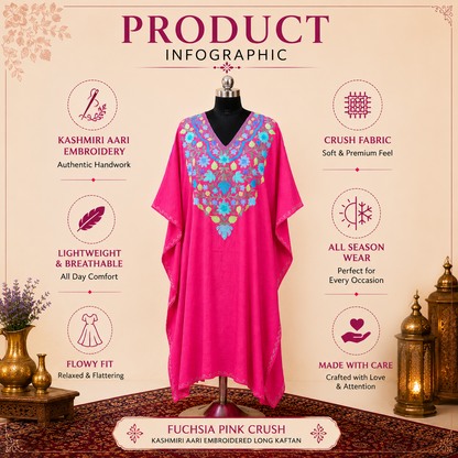 Fuchsia Pink Crush Kashmiri Long Kaftan for Women | Machine Embroidered
