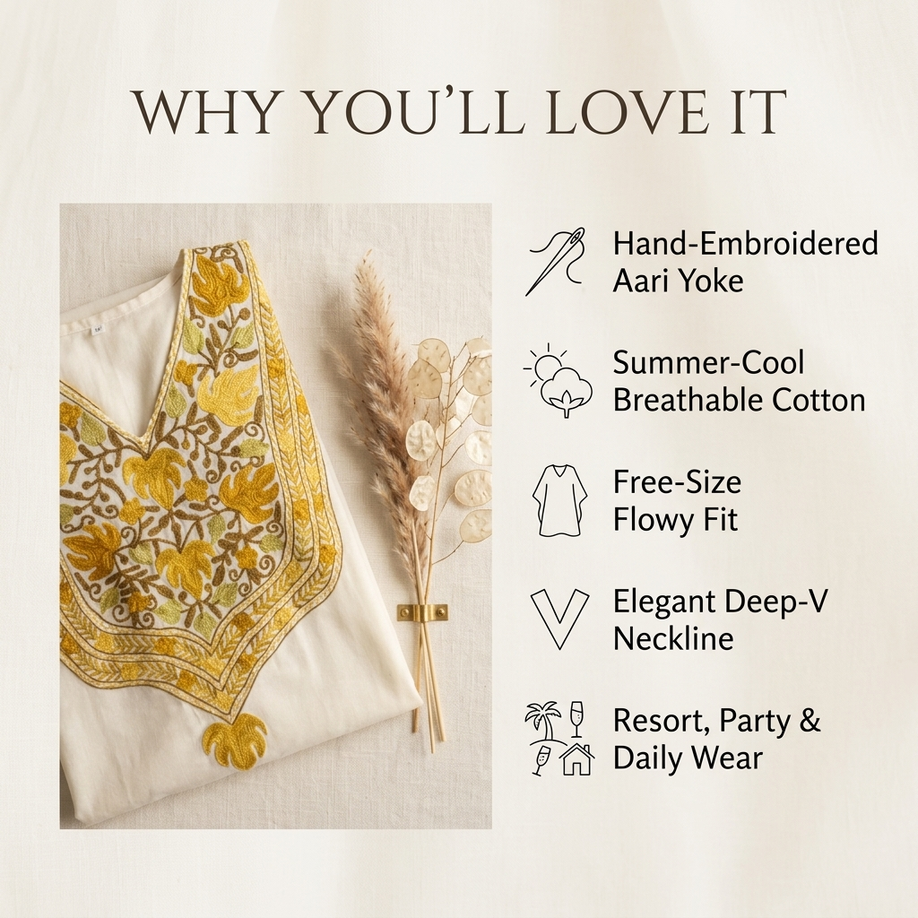 Ivory Gold Kashmiri Long Kaftan for Women | Machine Embroidered Summer Cool