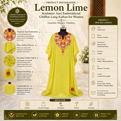 Lemon Lime Kashmiri Chiffon Long Kaftan for Women | Machine Embroidered