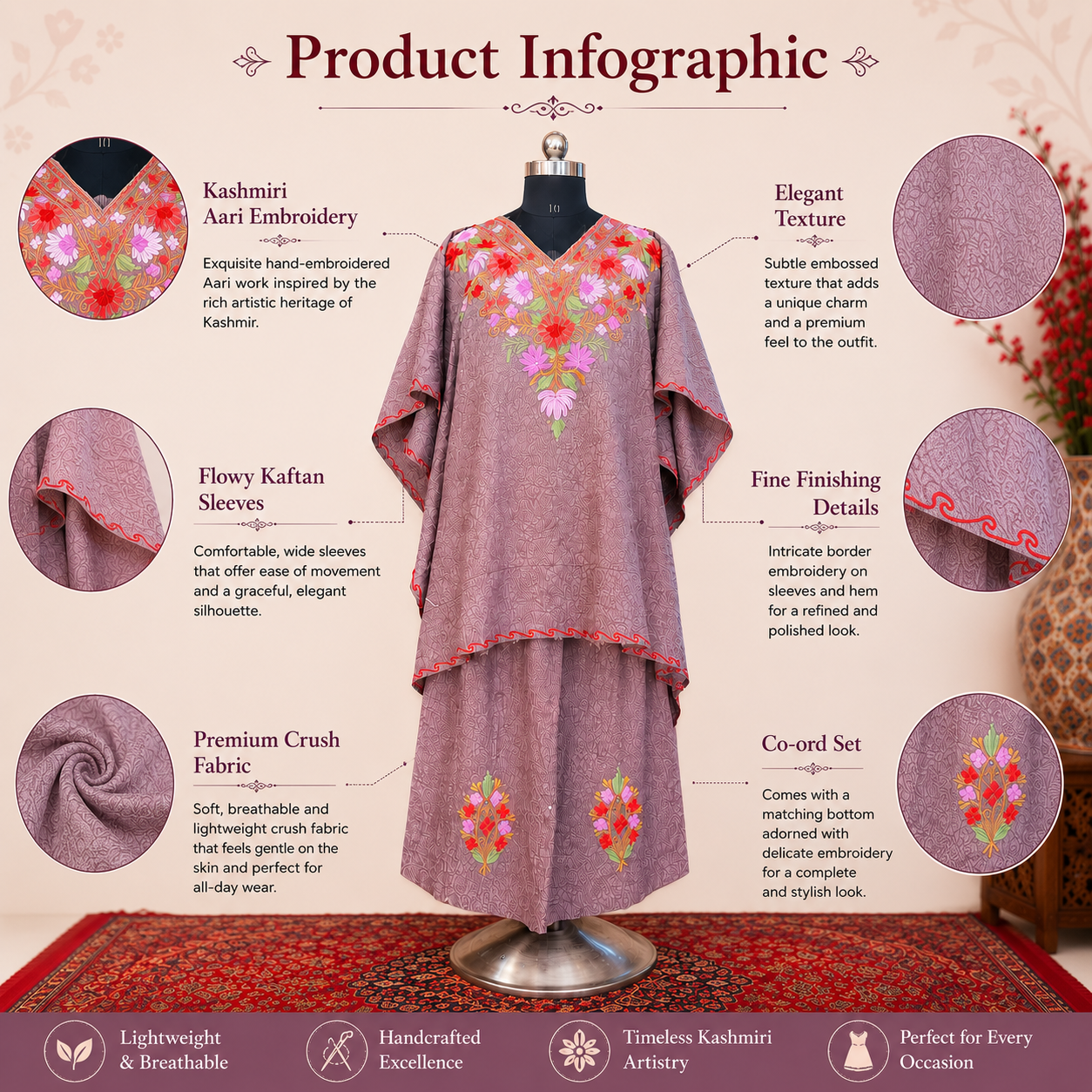 Mauve Crush Kashmiri Kaftan Set for Women | Machine Embroidered with Matching Bottom