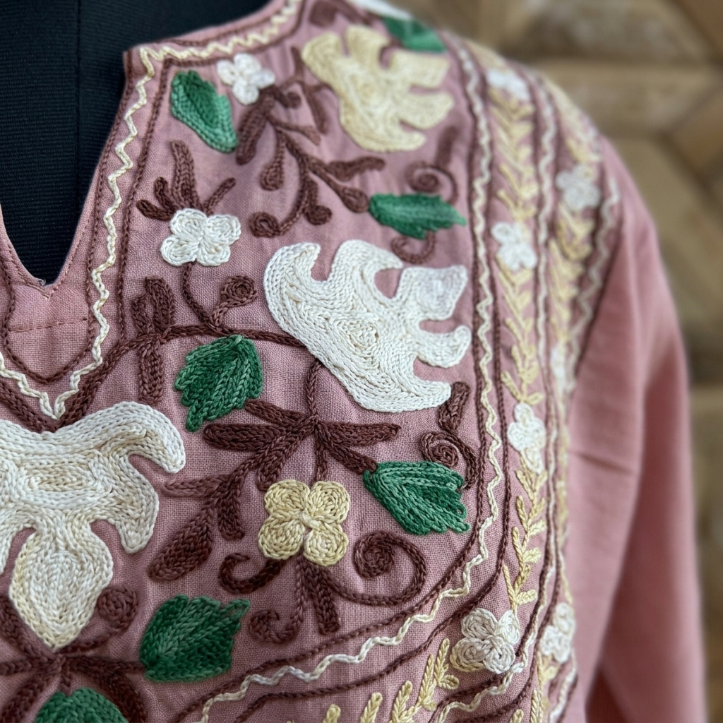Mauve Kashmiri Long Kurti – Floral Machine Embroidery | Summer Cotton