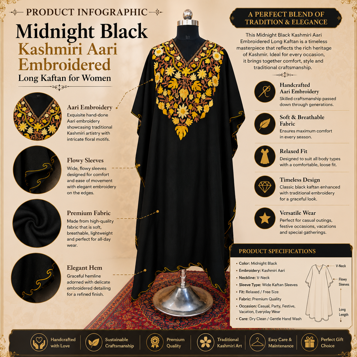 Midnight Black Kashmiri Long Kaftan for Women | Machine Embroidered Crush Kaftan
