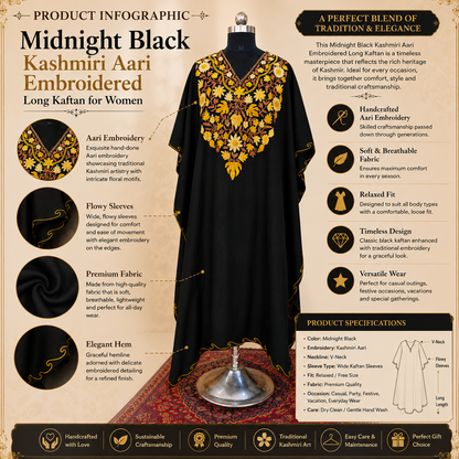 Midnight Black Kashmiri Long Kaftan for Women | Machine Embroidered Crush Kaftan