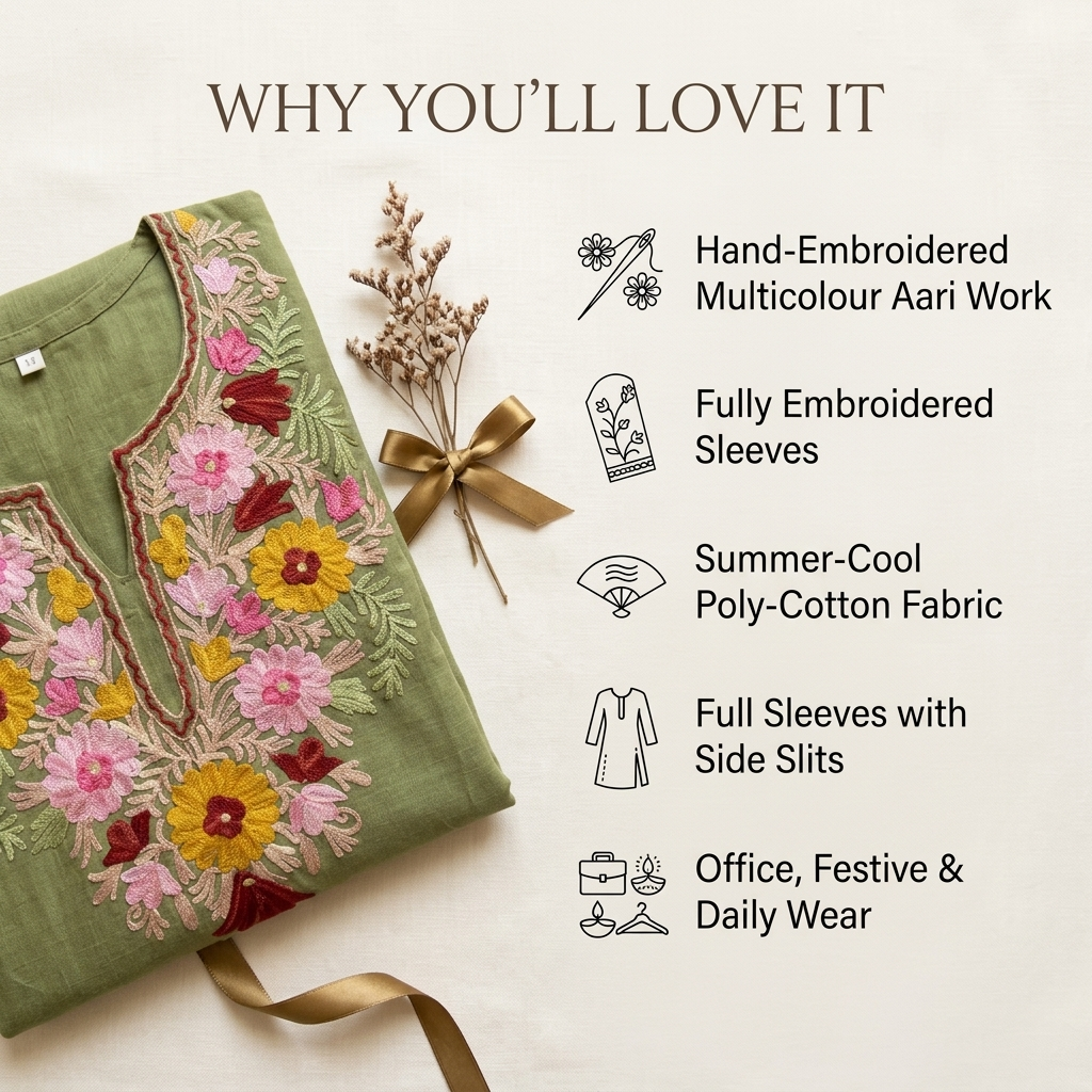 Olive Green Kashmiri Long Kurti – Multicolor Floral | Summer Cotton