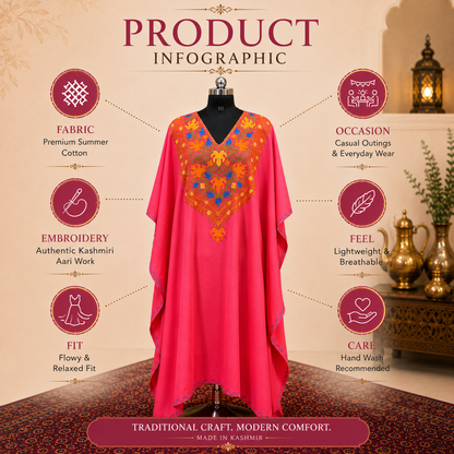 Rose Pink Kashmiri Long Kaftan for Women | Machine Embroidered Summer Cool