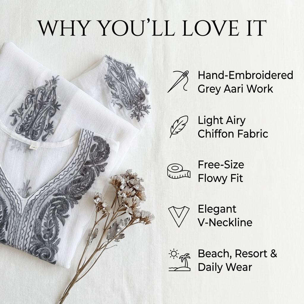 White Grey Kashmiri Chiffon Long Kaftan for Women | Machine Embroidered